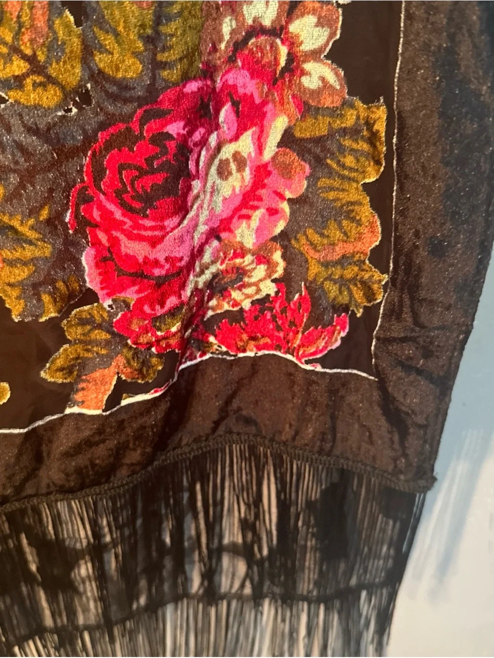 Vintage Black Velvet Burnout Floral Fringe Scarf with Pink and Green Roses